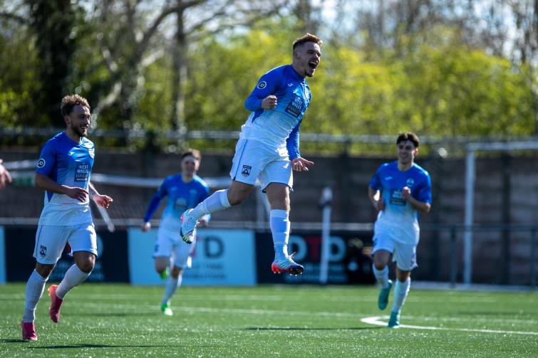 Corey Shephard celebrates scoring an early opener for Haverfordwest County at Flint Town United